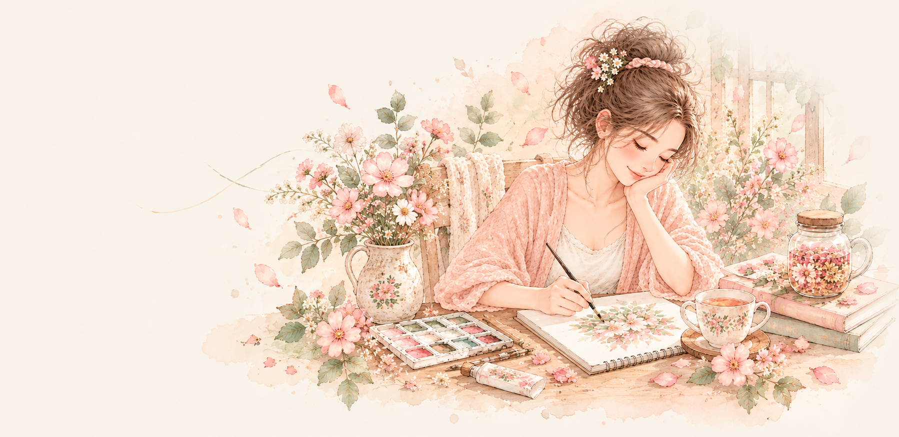 柔和水彩插画：在桌前画水彩的女性，旁边有画具和花茶
